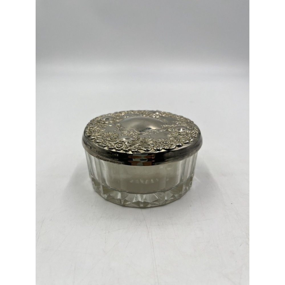 Vtg Mirrored Ornate Victorian Silver Plate & Glass Powder Jar W/ Puff & Screen